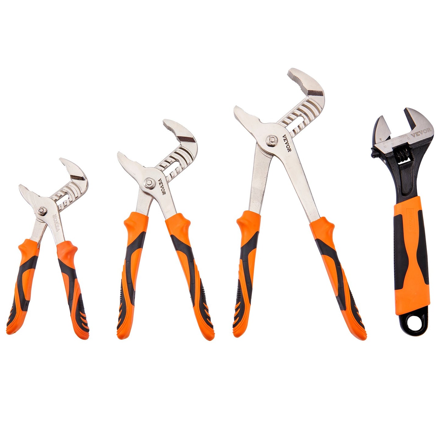 Pliers set, 8-piece, high carbon steel, 12"/10"/8" groove joint pliers, 8" Linesman's pliers, 6" sliding bar, 8" long nose pliers, 6" diagonal cutter, 10" adjustable wrench and tool bag