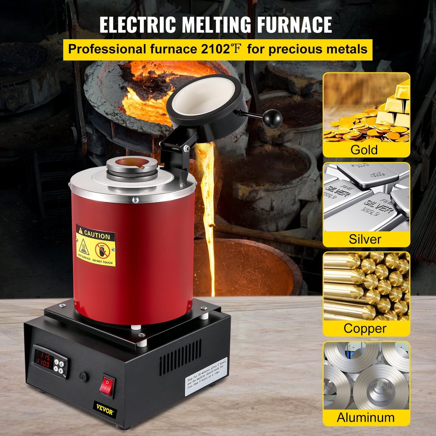 Elektrischer Schmelzofen, 3 kg digitaler elektrischer Schmelzofen, 1750 W, 1150 °C/2102 °F, Goldschmelzofen mit Graphittiegel und Barrenform zur Verarbeitung von geschmolzenem Gold, Silber, Kupfer, Aluminium