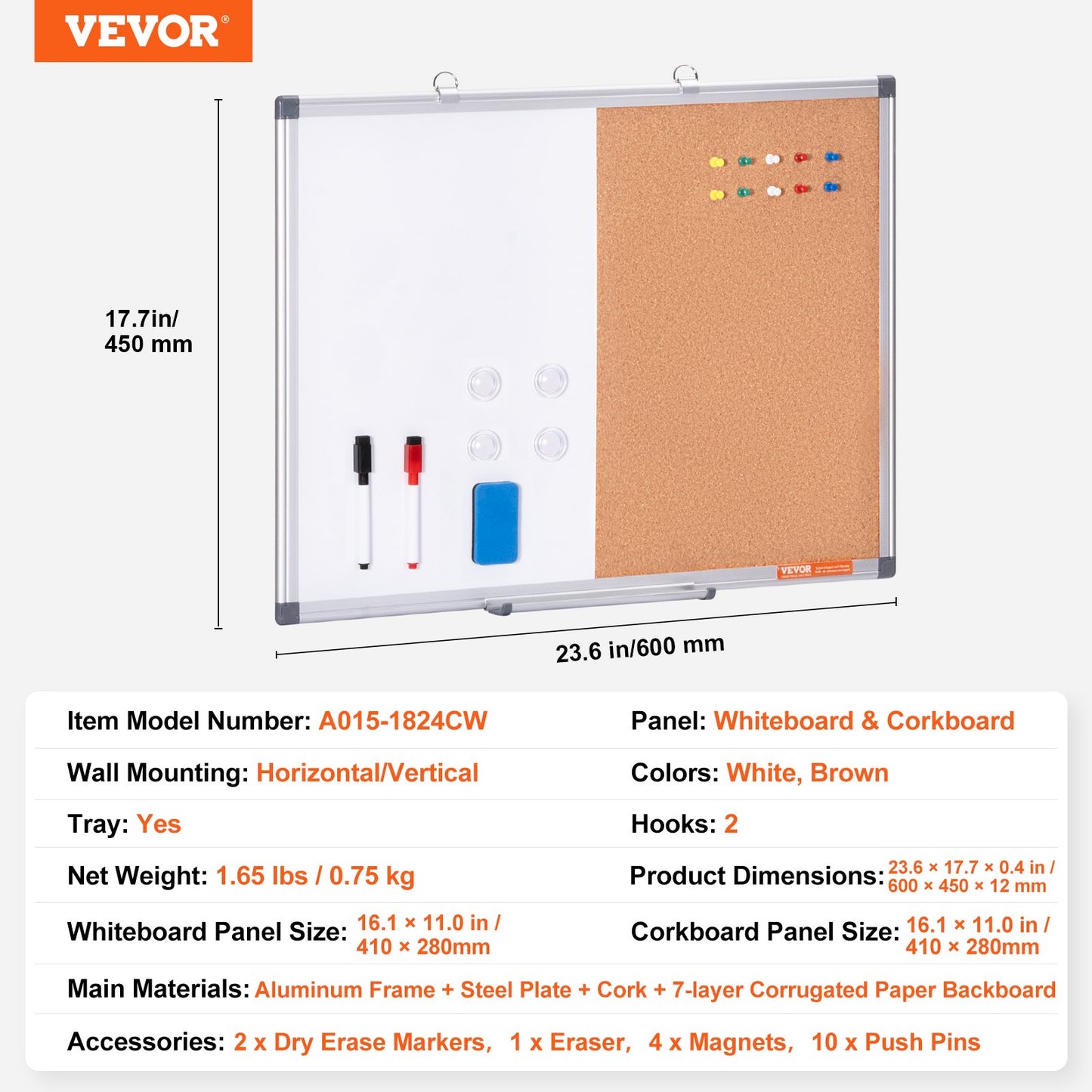 24" x 18" Whiteboard & Cork Board Combo med aluminiumram för skolhem