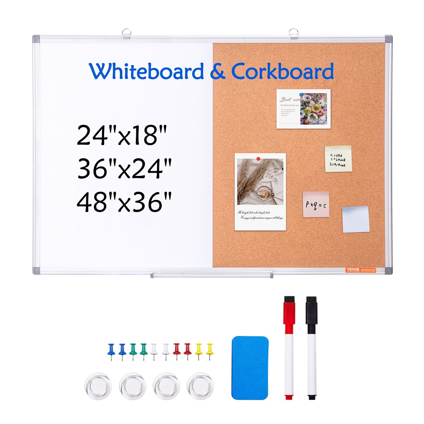 36" x 24" Whiteboard & Cork Board Combo med aluminiumram för skolhem