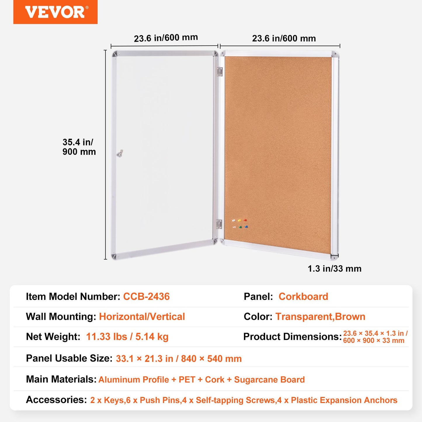 36"x24" sluten korktavla med aluminiumram låsbar anslagstavla