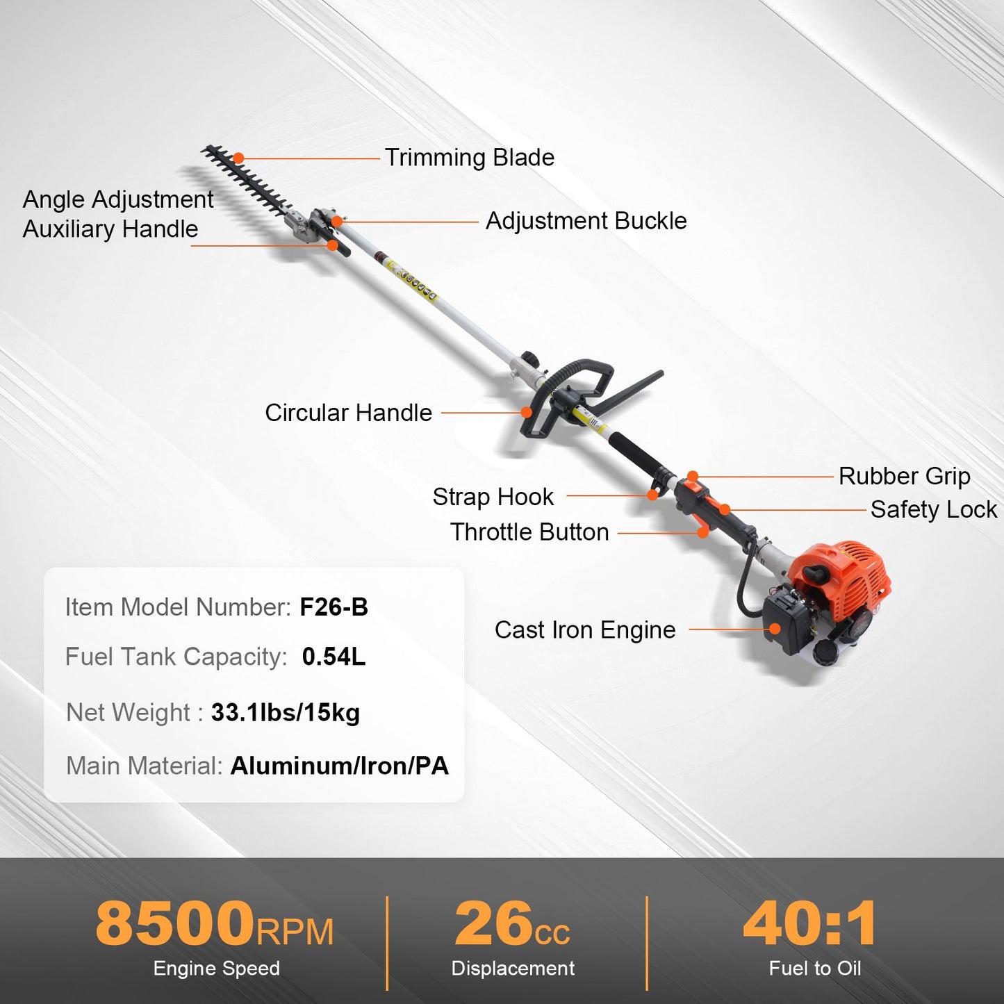 5-in-1 Multifunctional Trimming Tools Gas Hedge Trimmer 26CC Weed Eater