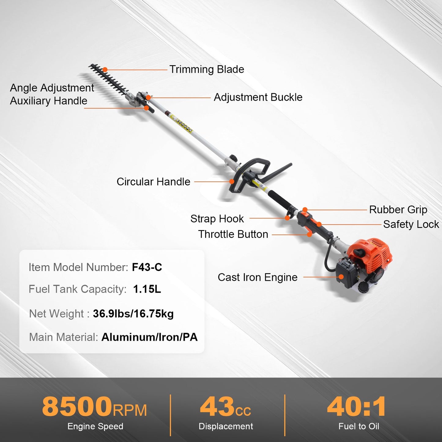 6-in-1 Multifunctional Trimming Tools Gas Hedge Trimmer 43CC Weed Eater