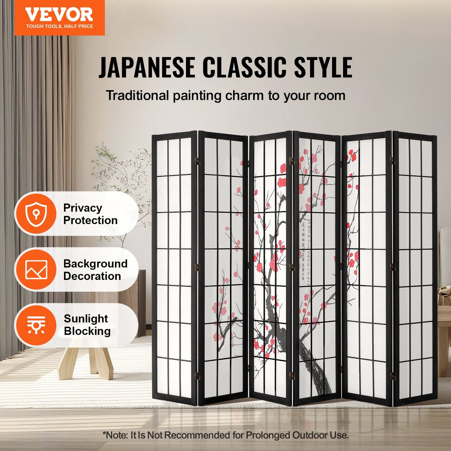 Room Divider Japansk Room Screen Divider 6 Panel för rumsseparering