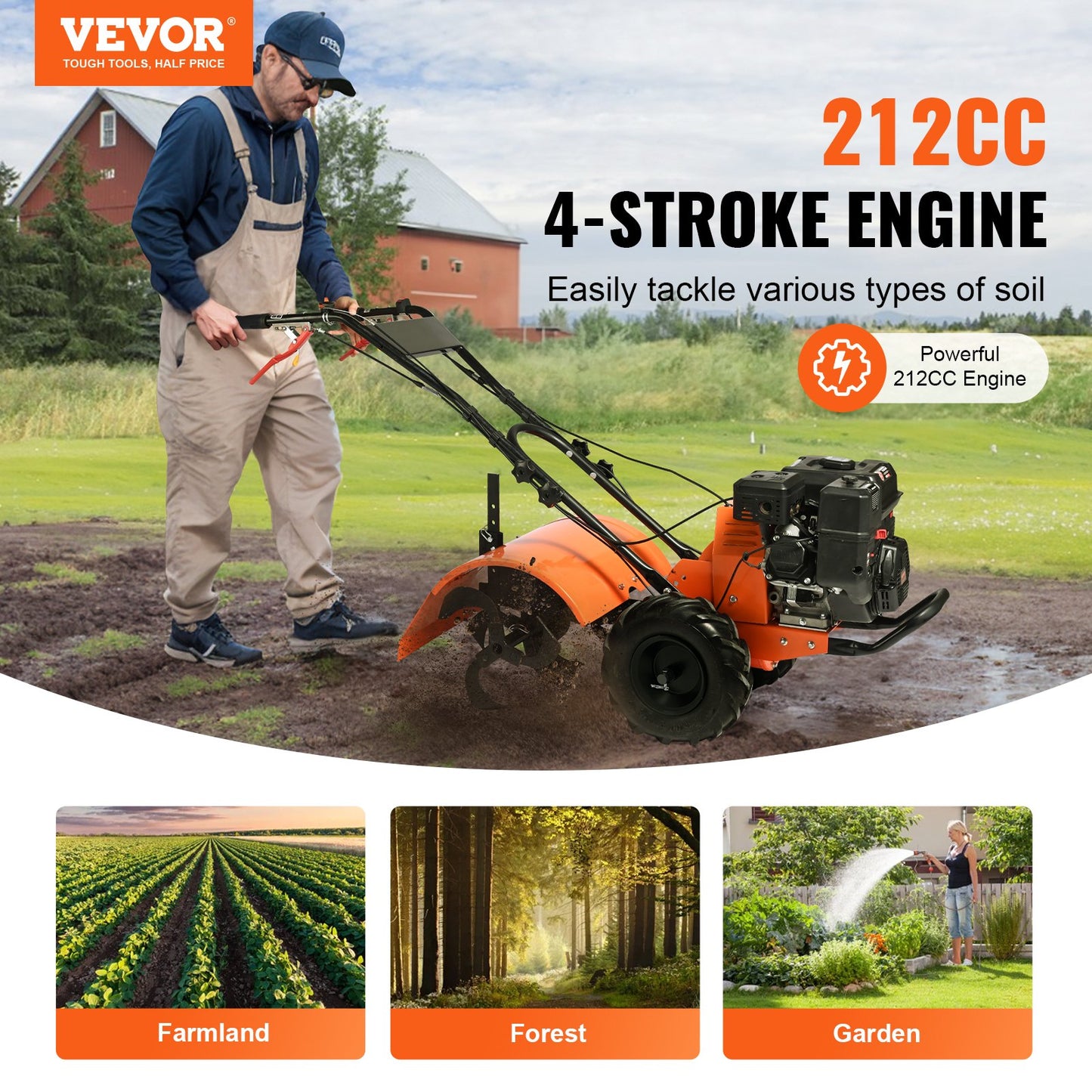 Motorhacke, Benzinbetriebene 212-cm³-4-Takt-Gartenhacke, Motorhacke mit 4 verstellbaren Stahl-Hinterzinken zum Kultivieren von Rasen, Garten und Ackerboden
