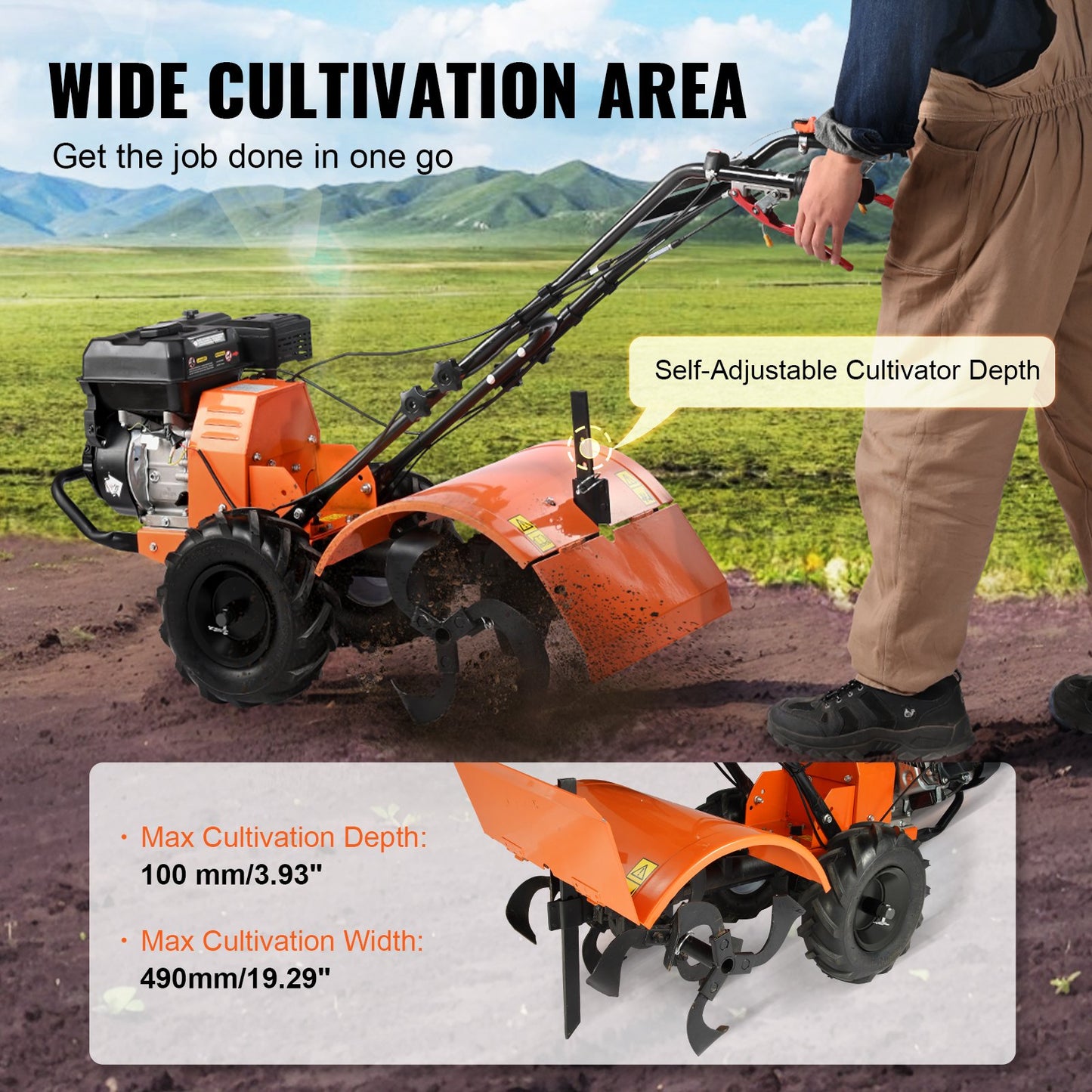 Motorhacke, Benzinbetriebene 212-cm³-4-Takt-Gartenhacke, Motorhacke mit 4 verstellbaren Stahl-Hinterzinken zum Kultivieren von Rasen, Garten und Ackerboden