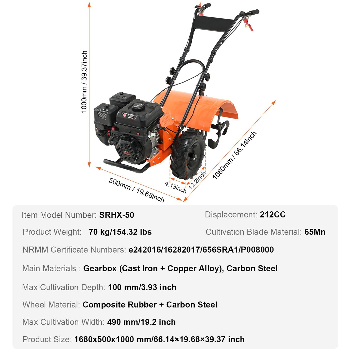 Motorhacke, Benzinbetriebene 212-cm³-4-Takt-Gartenhacke, Motorhacke mit 4 verstellbaren Stahl-Hinterzinken zum Kultivieren von Rasen, Garten und Ackerboden