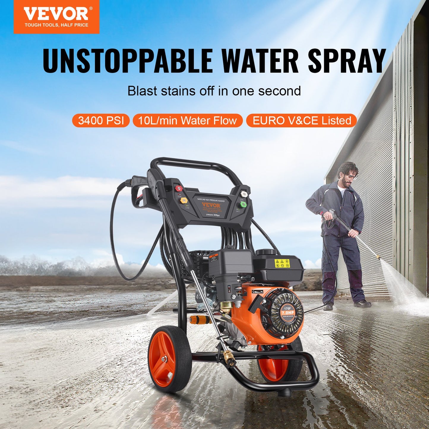 Gas Pressure Washer 3400 PSI 2.6 GPM with 5 Nozzles for Cars Vertical
