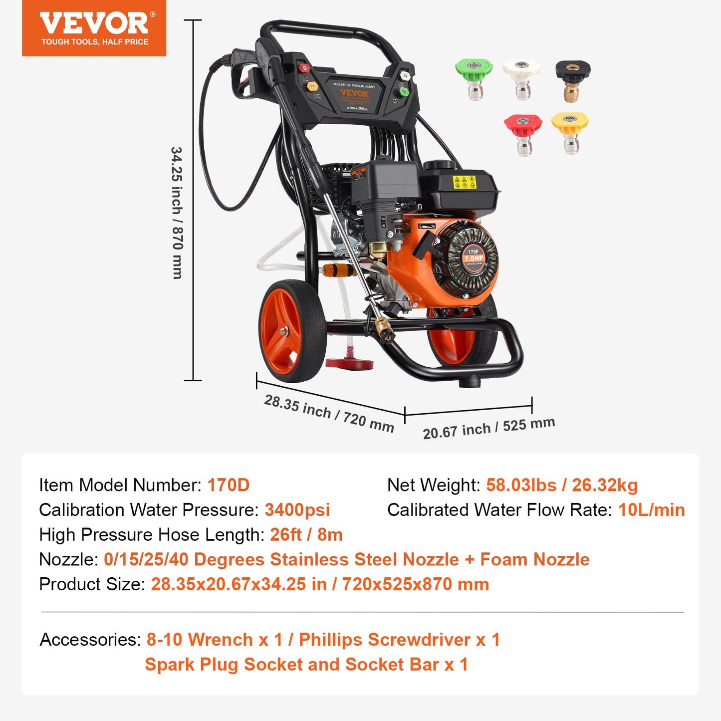 Gas Pressure Washer 3400 PSI 2.6 GPM with 5 Nozzles for Cars Vertical