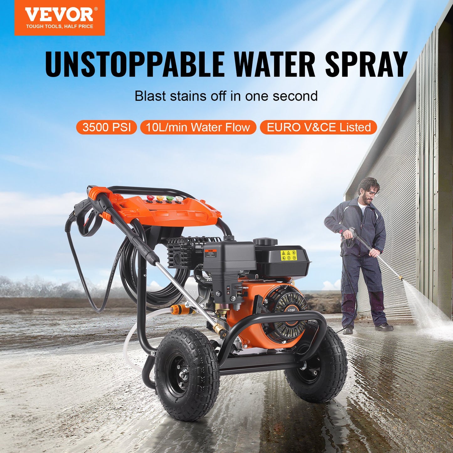 Gas pressure washer 3500 PSI 10L/min 2.6 GPM with 5 nozzles for cars