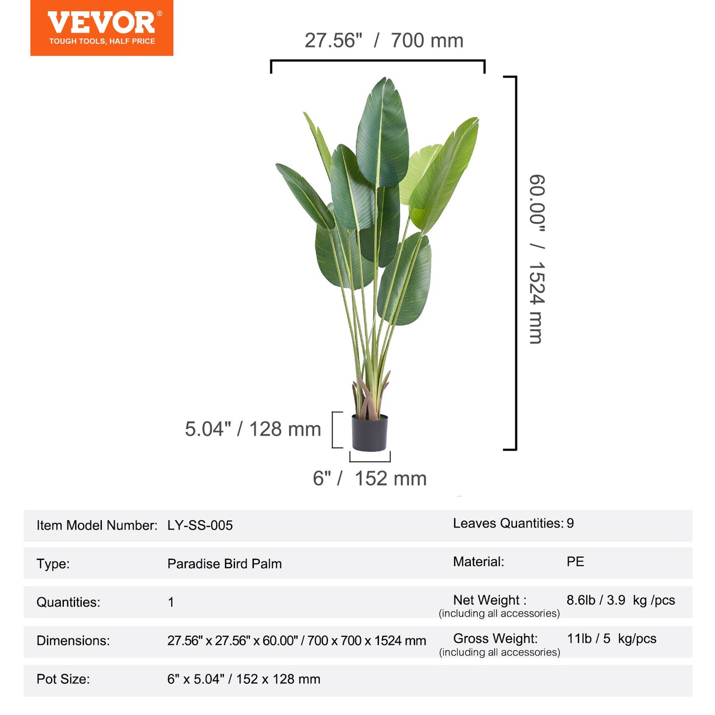 Artificial Birds of Paradise, 1.5m Tall Artificial Plant, PE Material and Tip-over Protection, Low Maintenance Plant, Lifelike Green Fake Tree for Home Office Warehouse Decor Indoor Outdoor