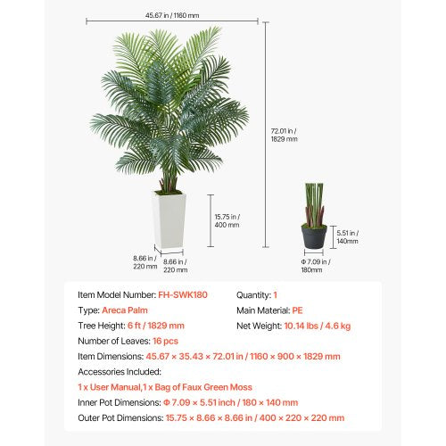 1829 mm konstgjord Areca-palm i kruka för hemmakontor | EU