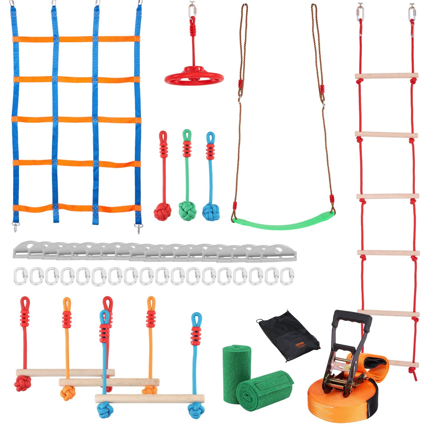 Ninja Warrior hinderbana för barn, 15,24 m väderbeständig Slacklines, 500lbs viktkapacitet Monkey Line, Utomhuslekutrustning, Bakgårdsleksaker Träningsutrustning Set med 10 hinder