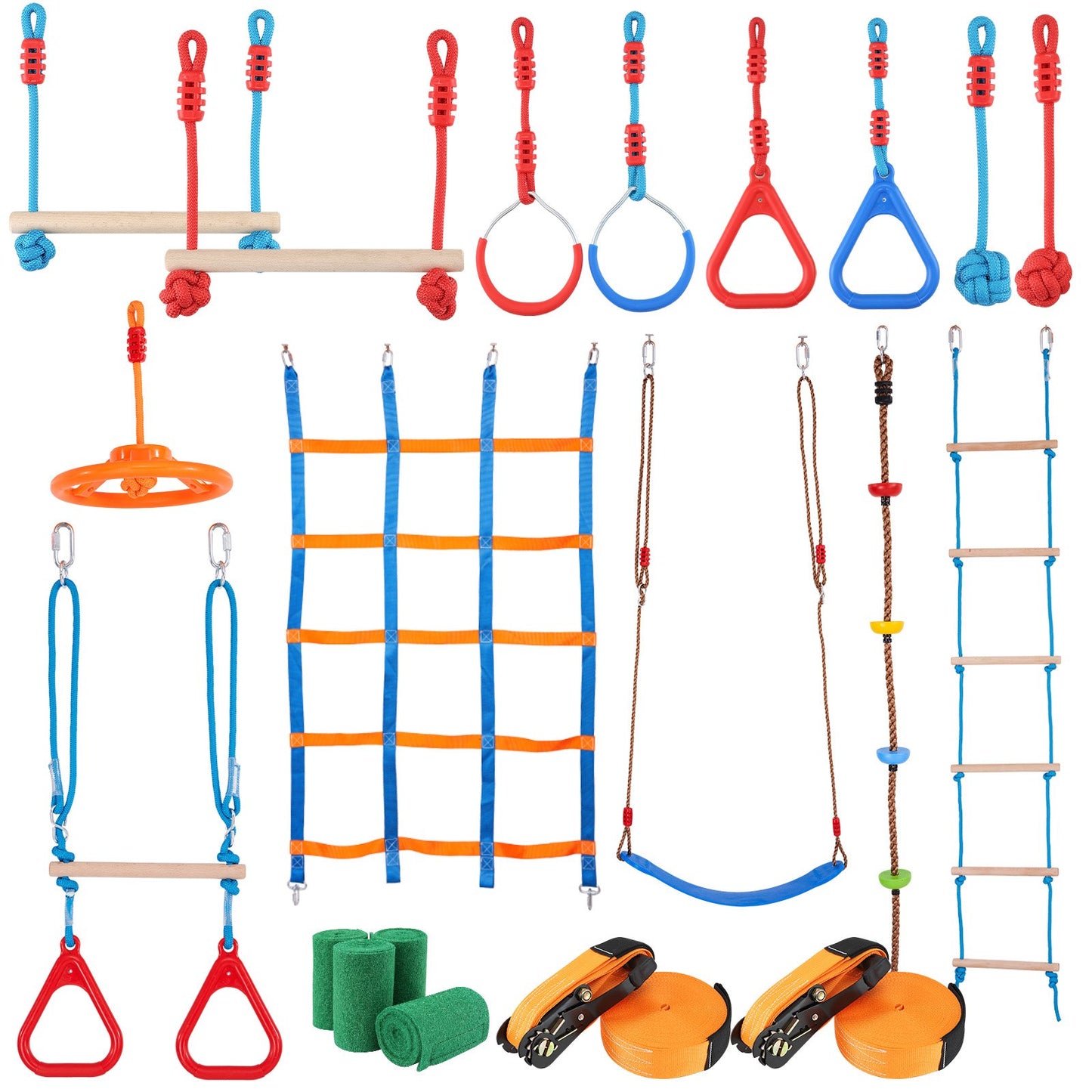 2x60 fot Ninja Warrior hinderbana för barn utomhus Slackline 14 hinder