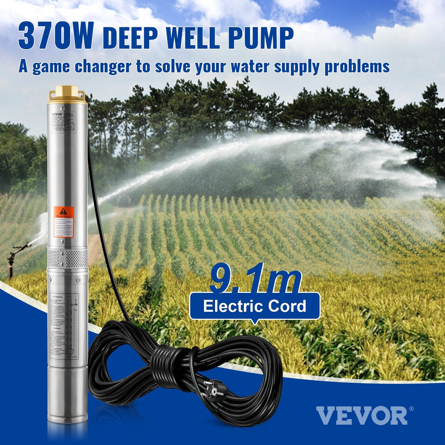 Tauchpumpe Tiefbrunnenpumpe Edelstahl Wasserpumpe 370W 5,3 m³/h 50 m