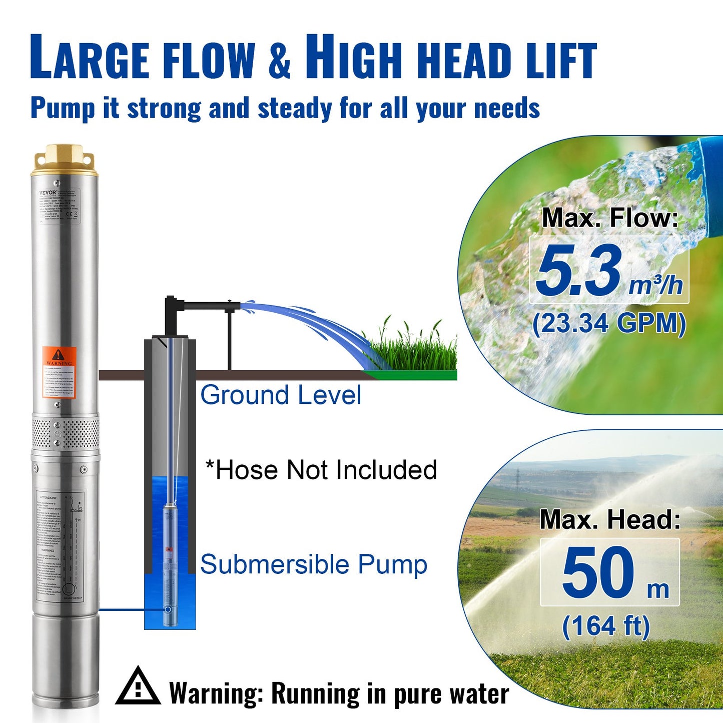 Tauchpumpe Tiefbrunnenpumpe Edelstahl Wasserpumpe 370W 5,3 m³/h 50 m