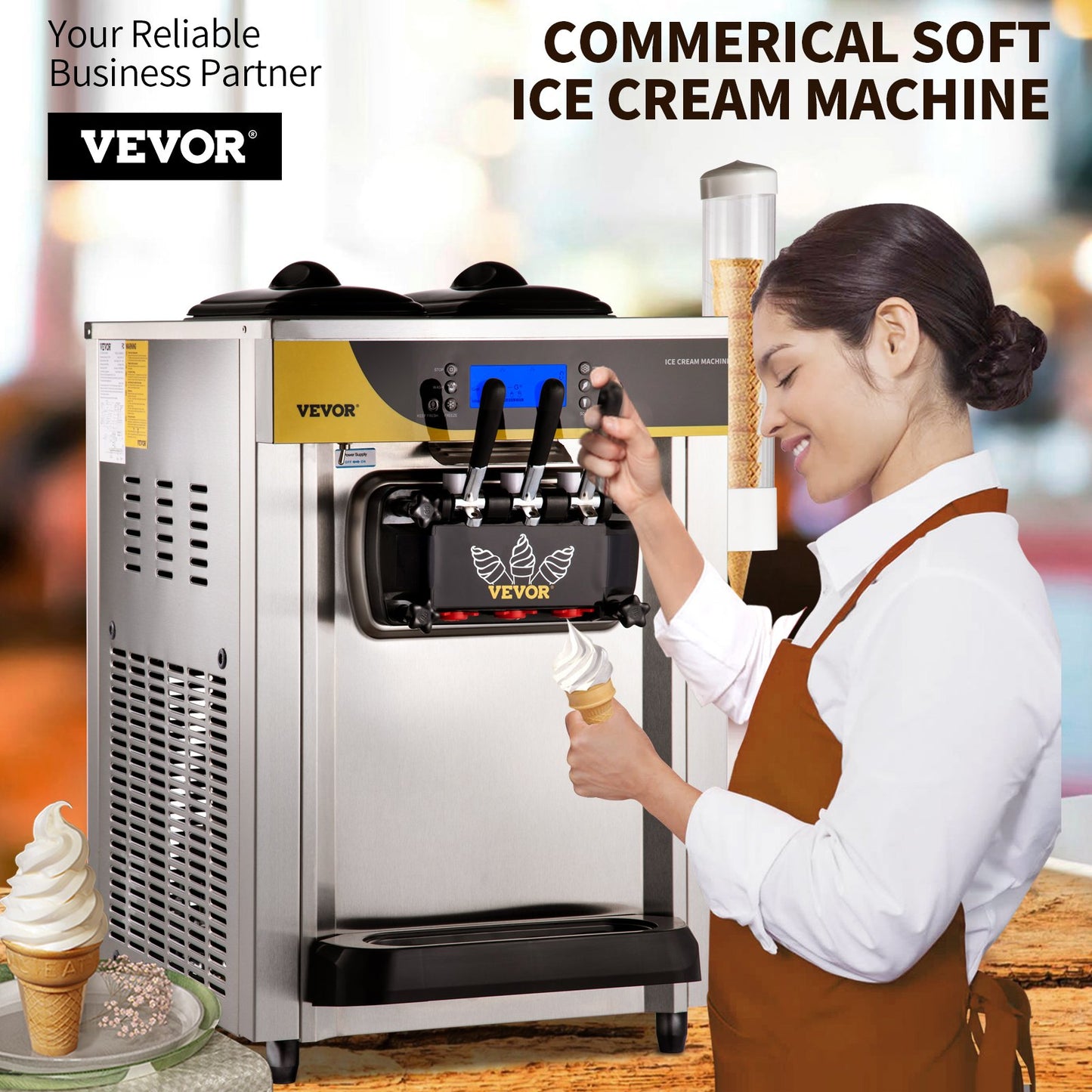 Commercial Ice Cream Machine, 22-30L/H Capacity, 2200W Countertop Soft Serve Machine with 2x6L Hopper 2L Cylinder LCD Panel Puffing Failure Alarm, Frozen Yogurt Maker for Restaurant Snack Bar, Silver