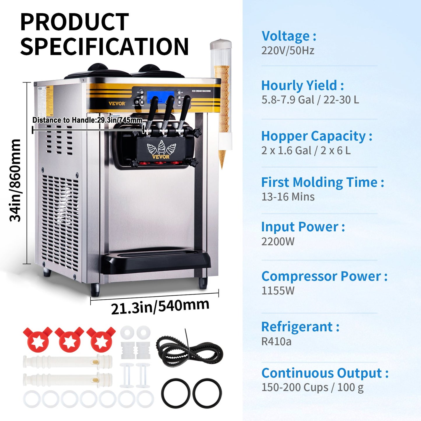 Commercial Ice Cream Machine, 22-30L/H Capacity, 2200W Countertop Soft Serve Machine with 2x6L Hopper 2L Cylinder LCD Panel Puffing Failure Alarm, Frozen Yogurt Maker for Restaurant Snack Bar, Silver