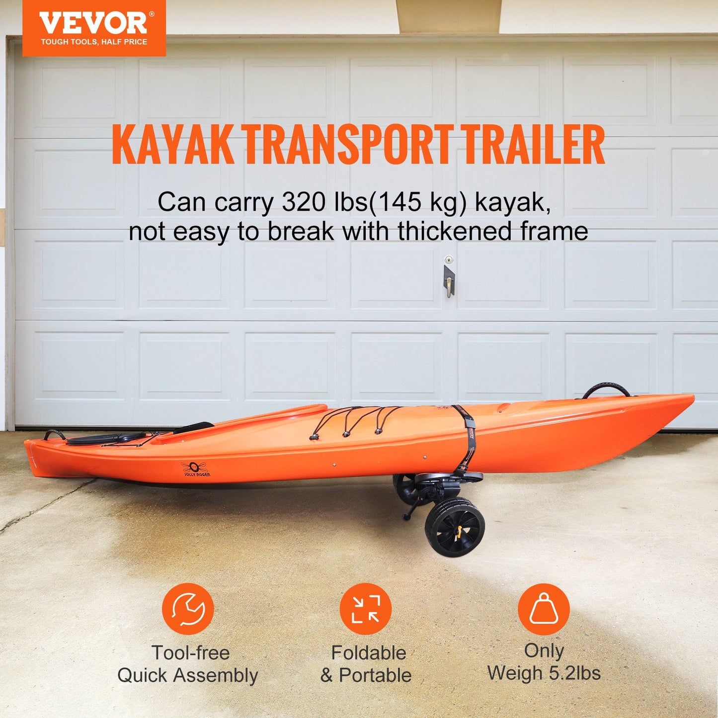 Heavy Duty kajakvagn, 320lbs lastkapacitet, löstagbar kanotvagnsvagn med 10'' massiva däck, justerbara fästen & halkfri stödfot, för kajaker Kanoter Paddleboards Flytmattor Jon Boats