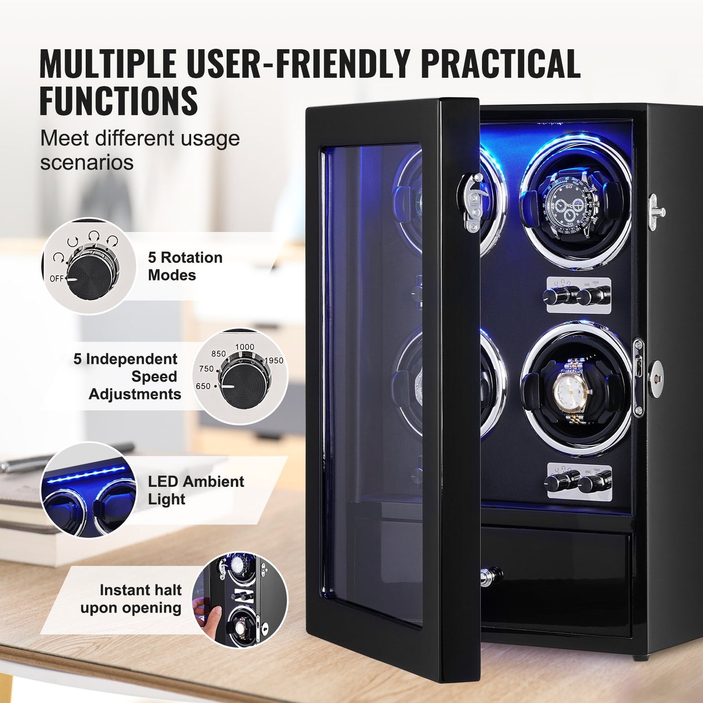 Watch Winder för 4 automatiska klockor med 4 tysta japanska Mabuchi-motorer