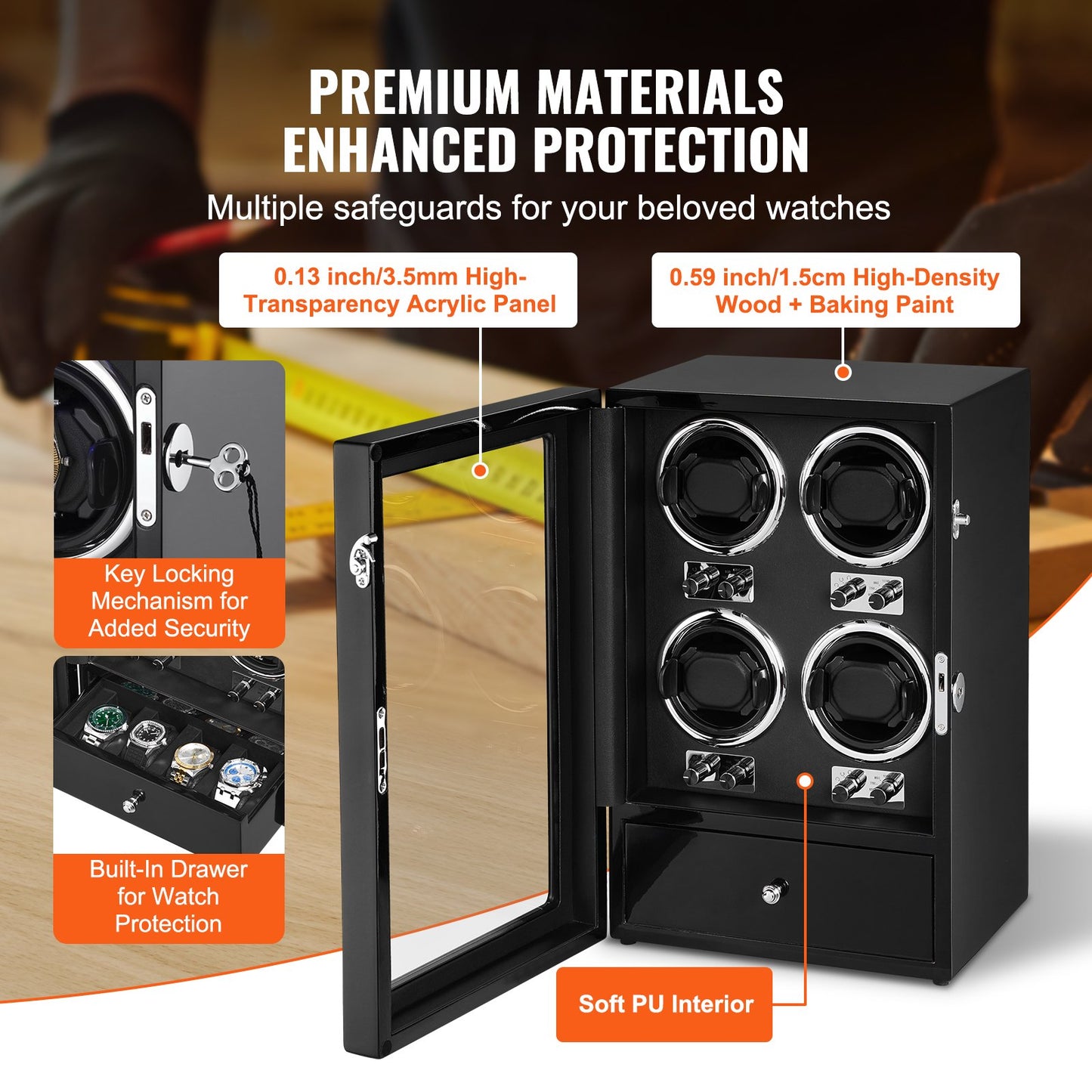 Watch Winder för 4 automatiska klockor med 4 tysta japanska Mabuchi-motorer