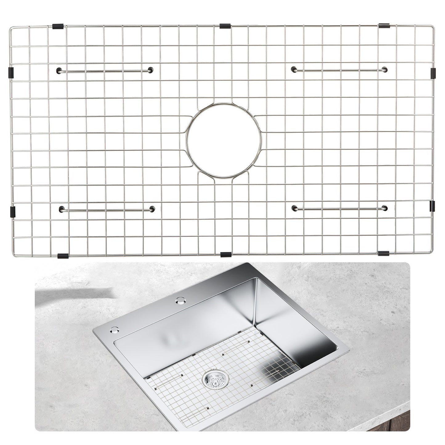 Diskbänksskyddsgaller, 28,5" x 15,6" diskbänksgaller i rostfritt stål, centrerade avloppsgaller med R20 hörnradie, stora diskbänksbottengaller, universell skålhylla Diskbänkstillbehör för diskbänk