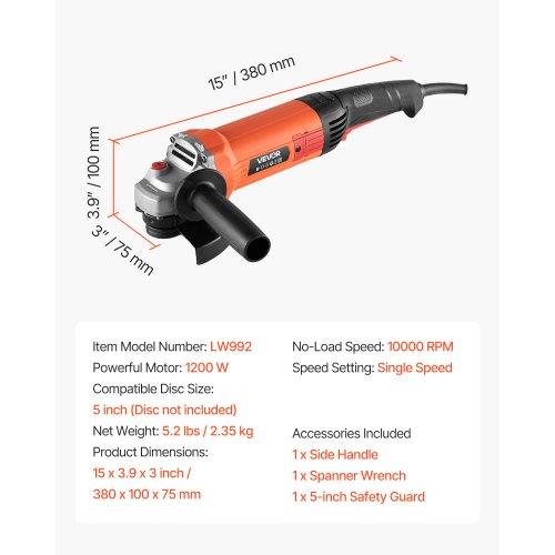 vinkelslip, 127 mm elektrisk slipmaskin, 5,4 ampere 10 000 varv/min höghastighets sladdanslutna vinkelslipmaskiner med justerbart dammskydd för metallslipning, skärning, rostborttagning (skiva ingår ej) | EU