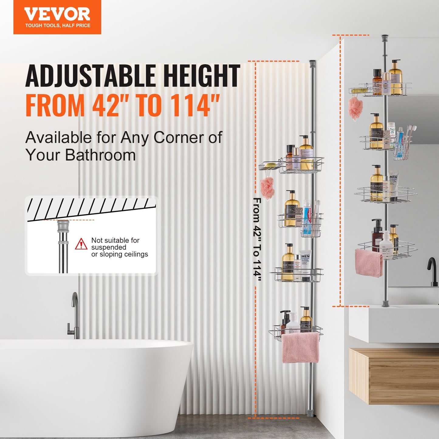 42" to 114" High Shower Corner Caddy Tension Rod Stainless Steel Tension Rod