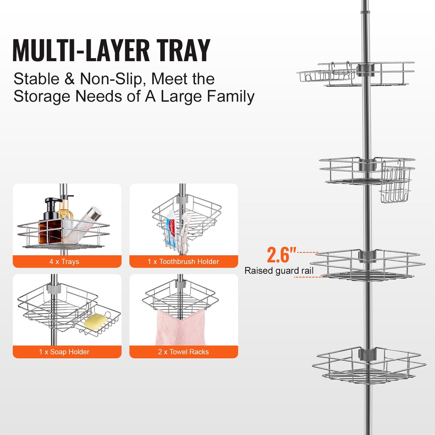 42" to 114" High Shower Corner Caddy Tension Rod Stainless Steel Tension Rod