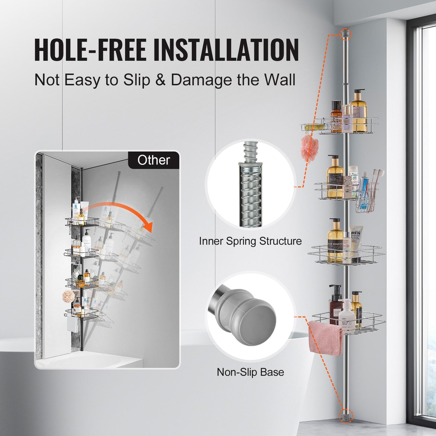 42" to 114" High Shower Corner Caddy Tension Rod Stainless Steel Tension Rod