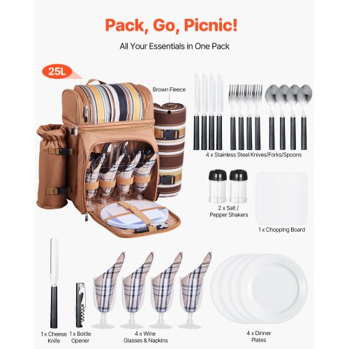 Beach picnic backpack for 4 people with cooler compartment brown | EU