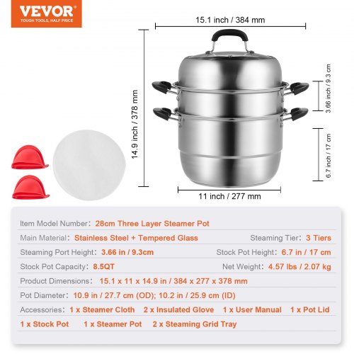 Steamer Pot 11in/28cm, 3-Tier Steamer Pot for Cooking with 8.5QT Stock Pot, Vegetable Steamer & 2 Steam Tray, Food-Grade 304 Stainless Steel Food Steamer Cookware for Gas Electric Stove Grill | EU