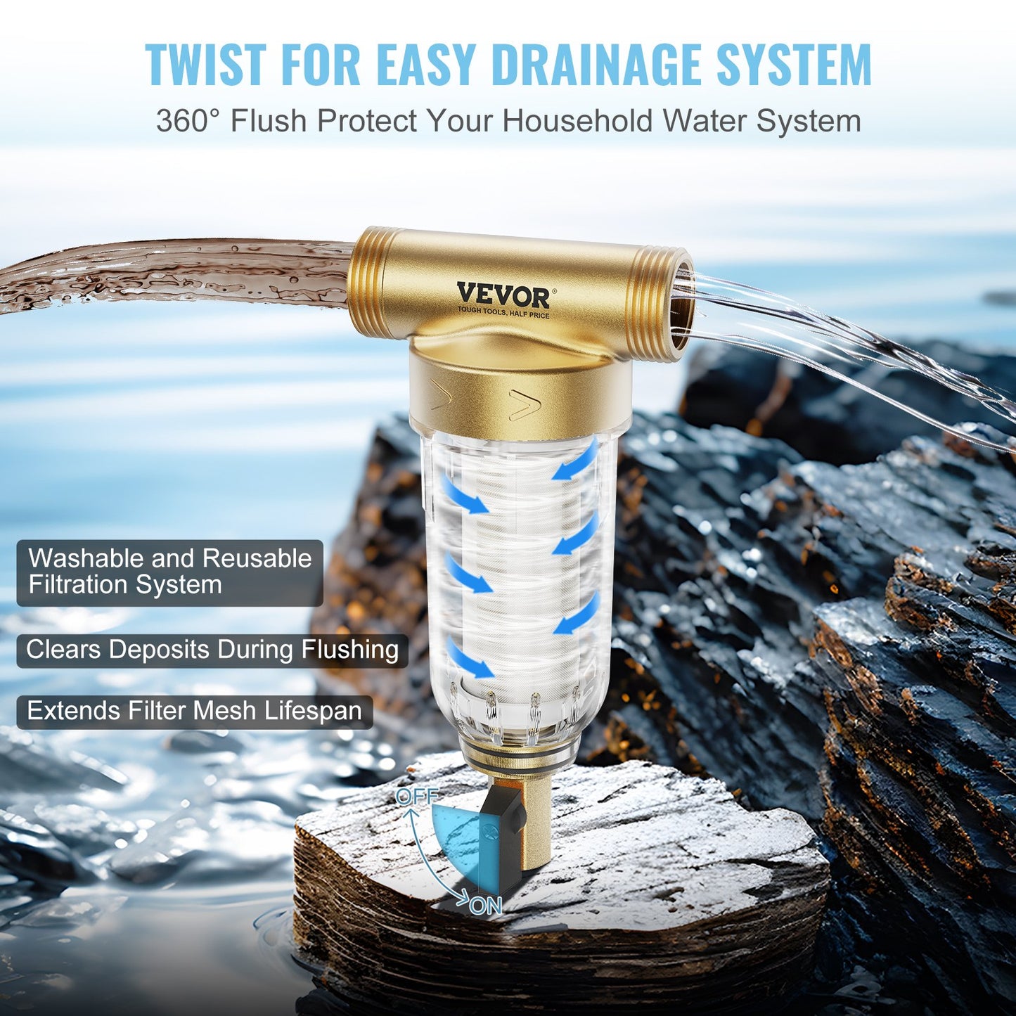Spin Down-filter, 40 mikron helhussedimentfilter för brunnsvatten, 3/4" GF + 1" GM, 4 T/H hög flödeshastighet, för hela husets vattenfiltreringssystem, brunnsvattensedimentfilter
