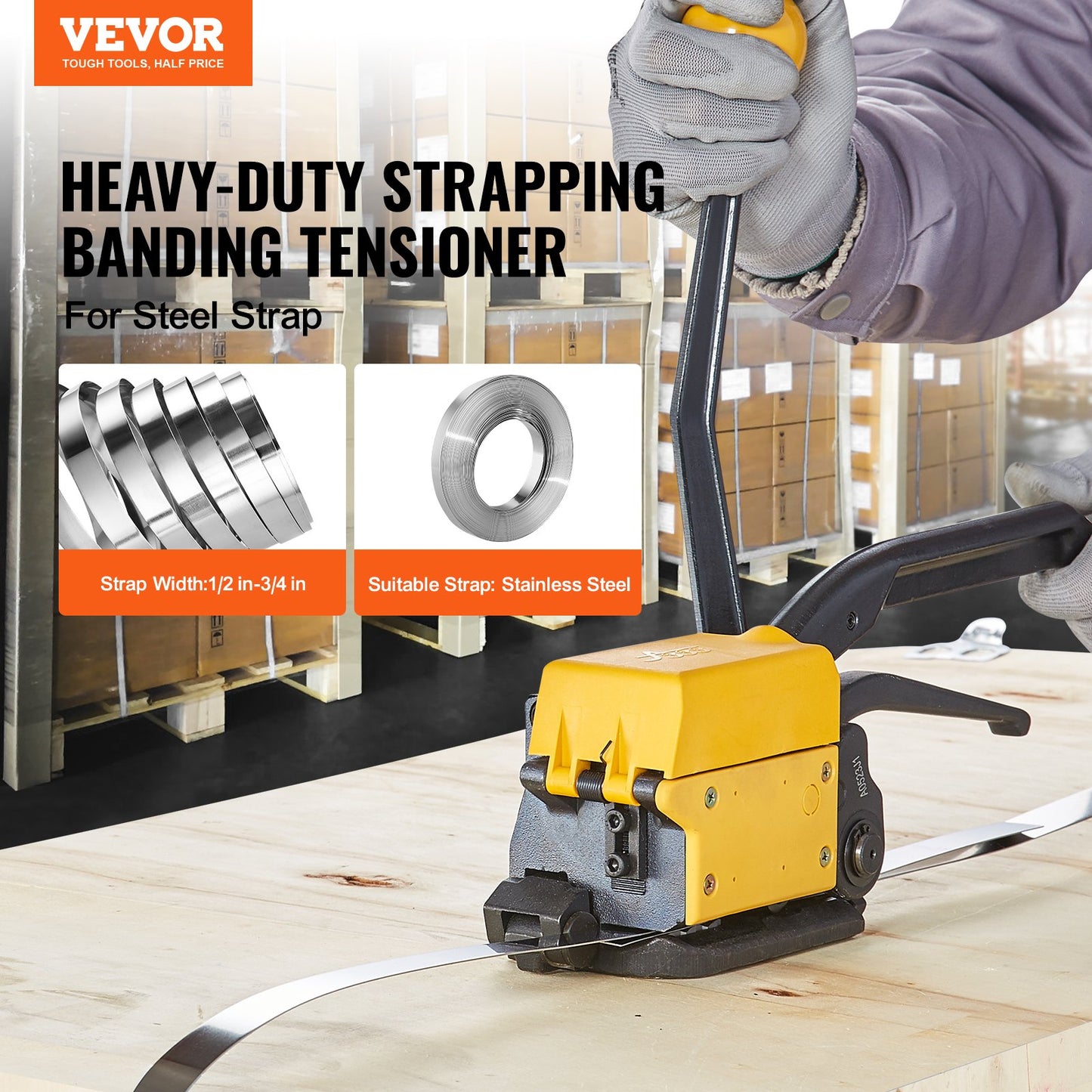 Steel Strapping Tool for 1/2"-3/4" Width, 3-in-1 (Stretcher, Presser, Cutter) Manual Belt Packaging Strapping Machine Packaging Metal Steel Strapping Strapping Tool Machine for Stainless Steel Straps