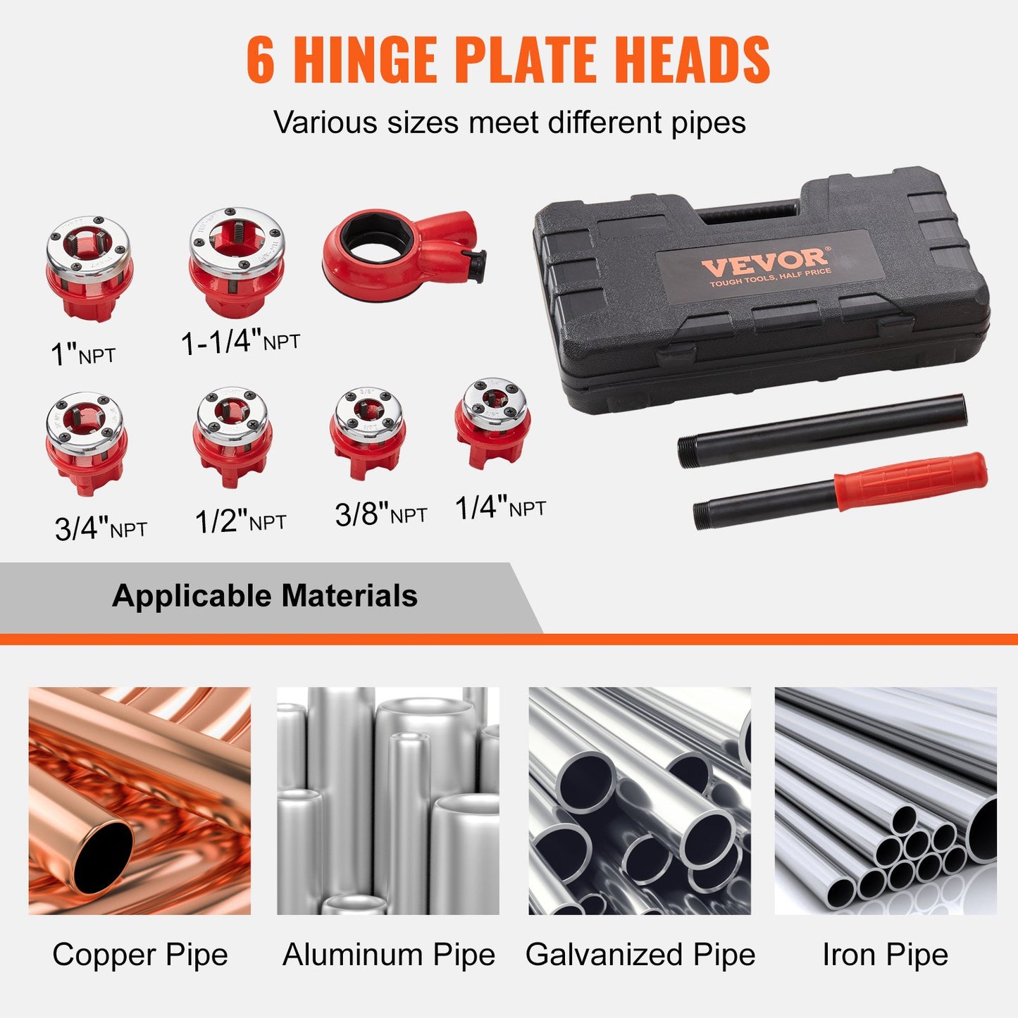 Ratchet Pipe Threader Kit, 1/4" NPT - 1-1/4" NPT Manual Ratchet Pipe Threader, Portable Pipe Threading Tool Set with 6 PCS NPT Nozzles, Storage Case for Galvanized Aluminum Iron Copper Pipes