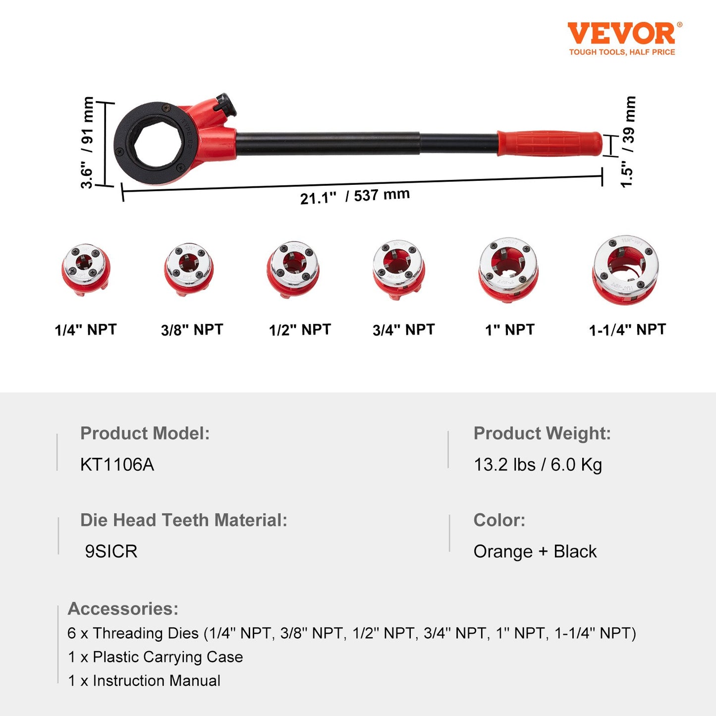 Ratchet Pipe Threader Kit, 1/4" NPT - 1-1/4" NPT Manual Ratchet Pipe Threader, Portable Pipe Threading Tool Set with 6 PCS NPT Nozzles, Storage Case for Galvanized Aluminum Iron Copper Pipes