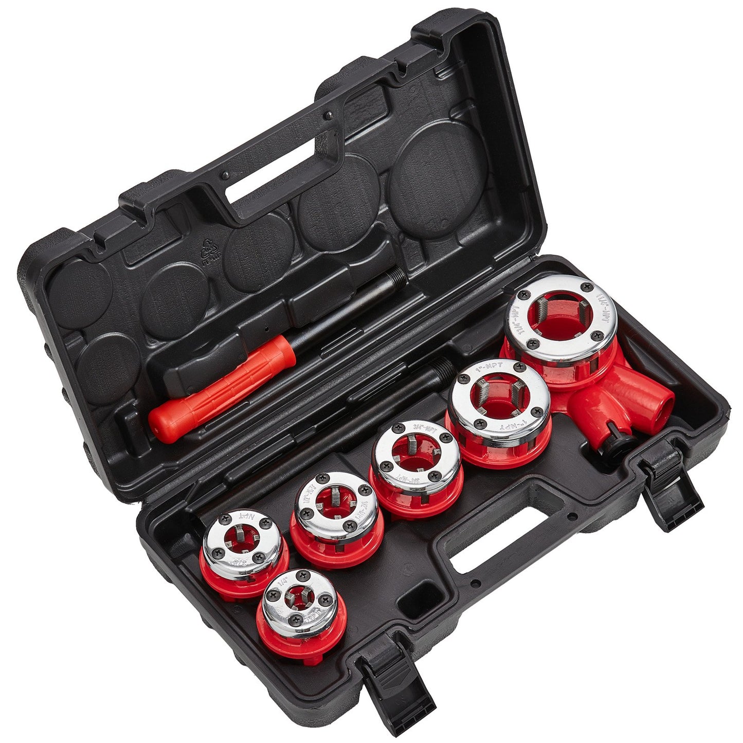 Ratchet Pipe Threader Kit, 1/4" NPT - 1-1/4" NPT Manual Ratchet Pipe Threader, Portable Pipe Threading Tool Set with 6 PCS NPT Nozzles, Storage Case for Galvanized Aluminum Iron Copper Pipes