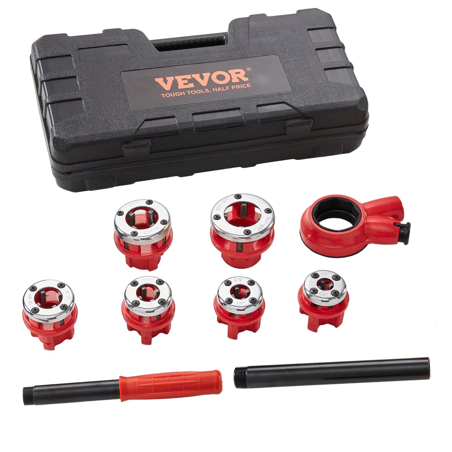 Ratchet Pipe Threader Kit, 1/4" NPT - 1-1/4" NPT Manual Ratchet Pipe Threader, Portable Pipe Threading Tool Set with 6 PCS NPT Nozzles, Storage Case for Galvanized Aluminum Iron Copper Pipes