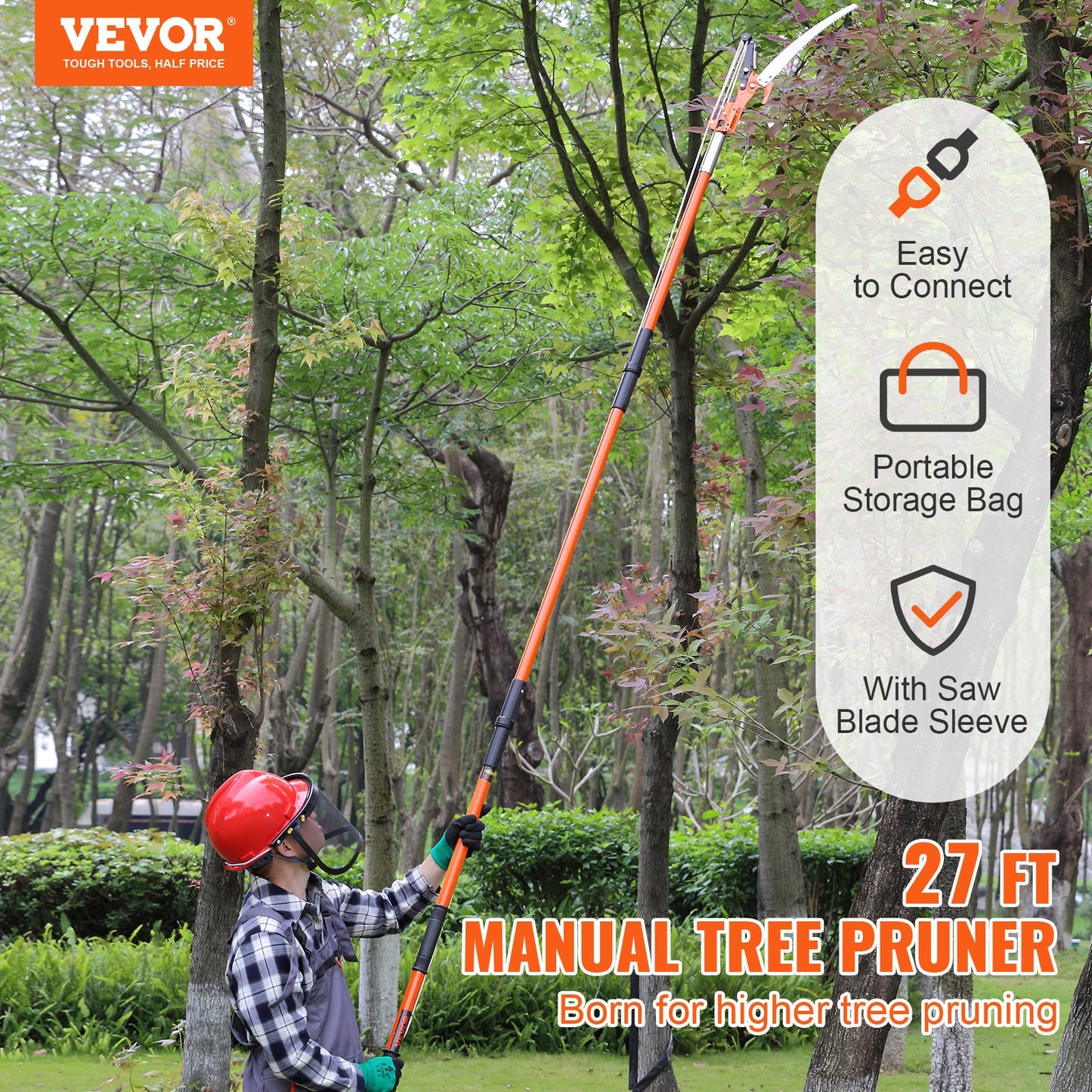Manual Pole Saw, 7.3-27ft Extendable Tree Pruner, Sharp Steel Blade and Scissors High Branch Trimming, Branch Trimmer with 8 Lightweight Fiberglass Handles, for Palm and Shrub Pruning