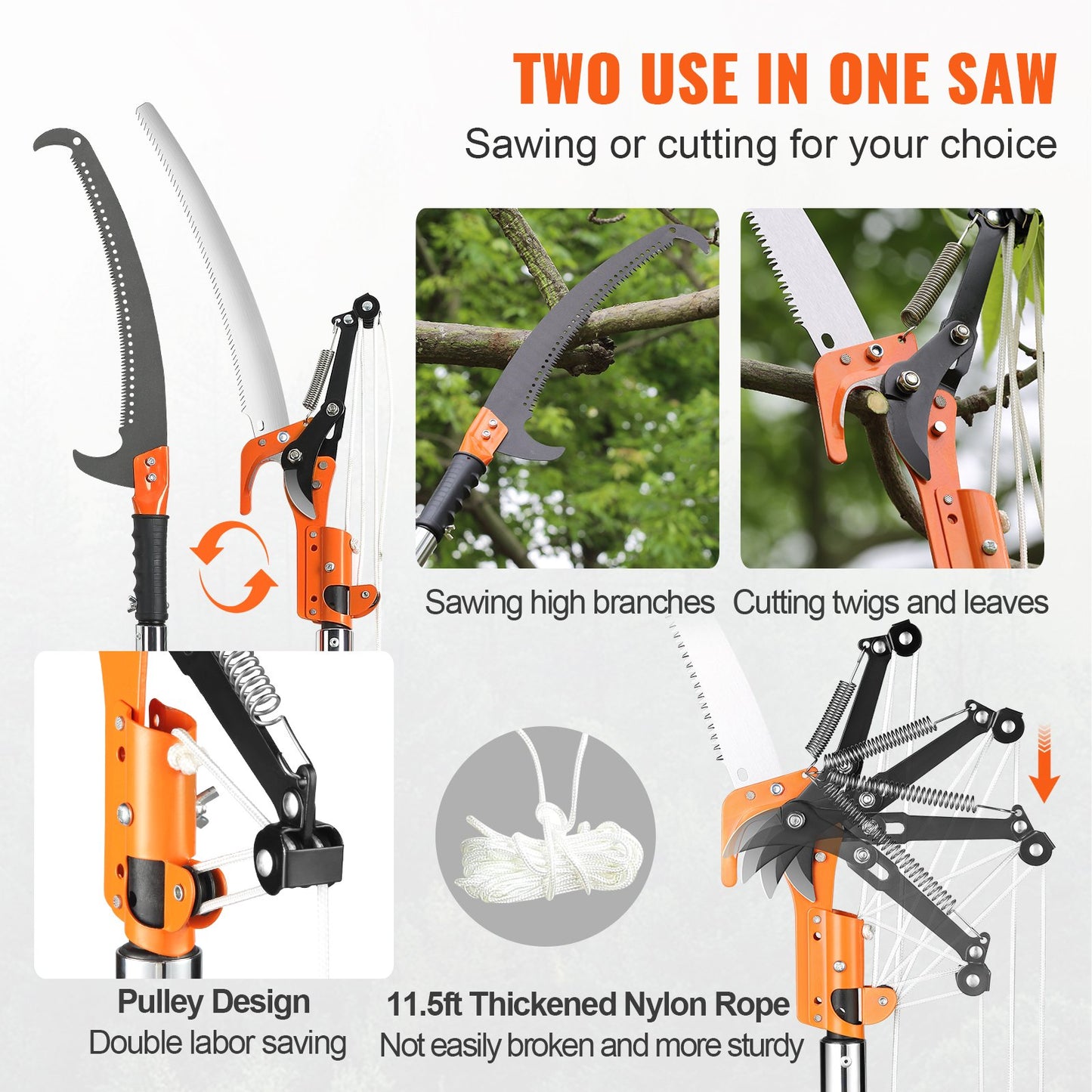 Manual Pole Saw, 7.3-27ft Extendable Tree Pruner, Sharp Steel Blade and Scissors High Branch Trimming, Branch Trimmer with 8 Lightweight Fiberglass Handles, for Palm and Shrub Pruning