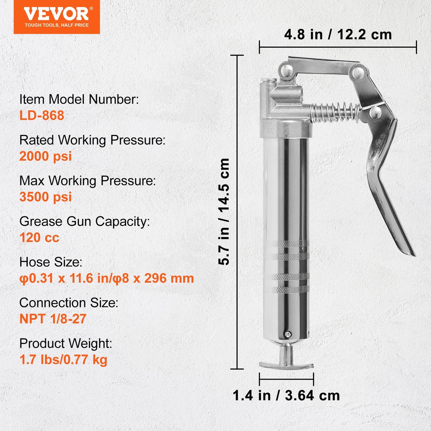 Pistol Grip Grease Gun, 3500 PSI, 4 OZ / 120 CC Kapacitet Heavy Duty Professional Grease Gun, med 11,65 tum flexibel slang 2 svarta platta kopplingar, 1 förstärkt munstycke och 2 styva metallrör