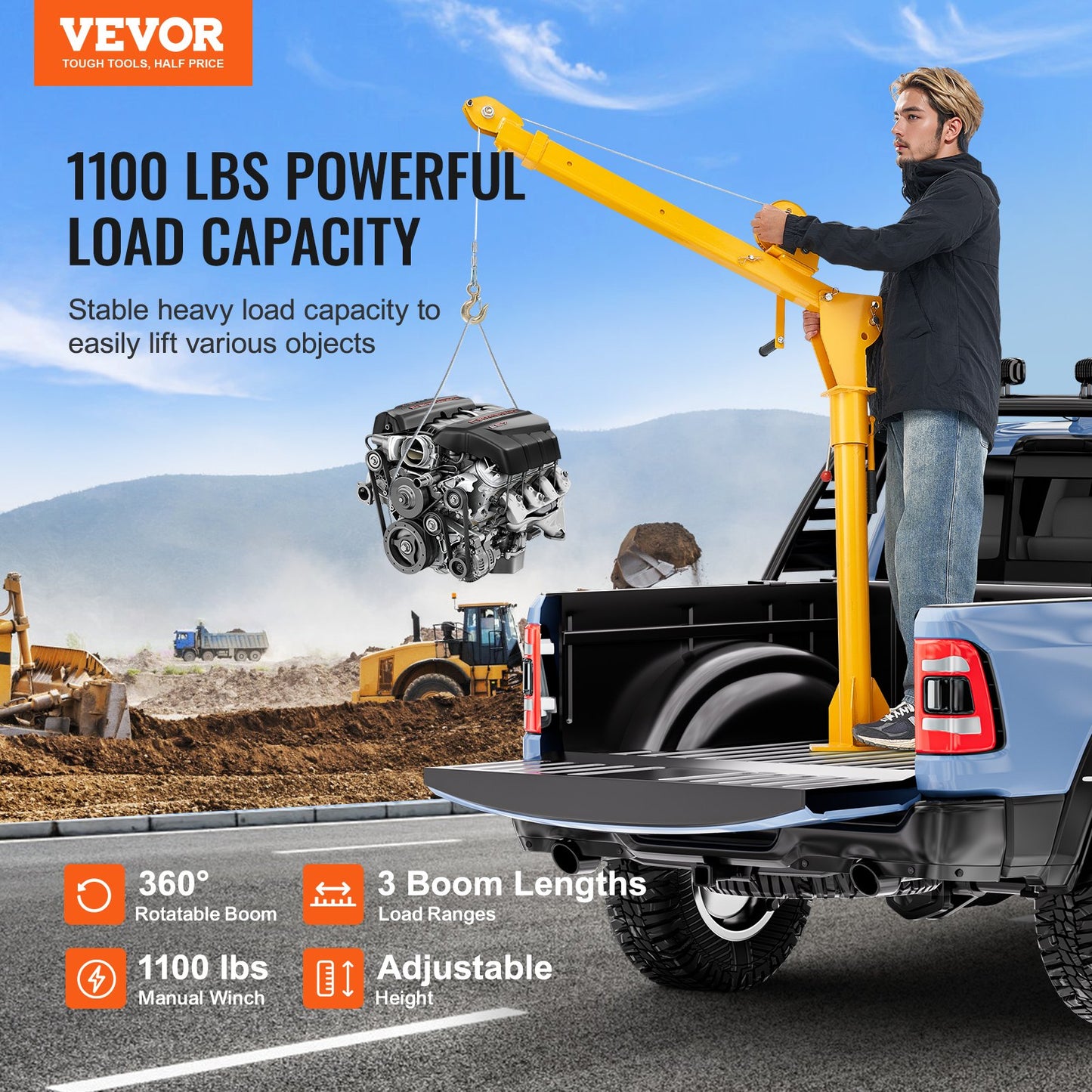 Pickup Lastbil Kran lyftkran 1100 lbs med manuell vinsch 360° hisslyft