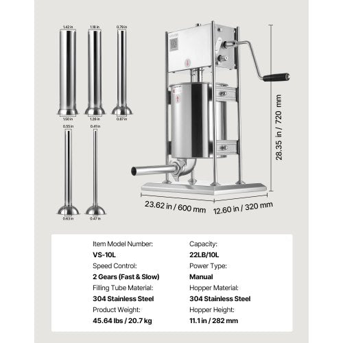 Manuell korvfyllare, 10 l vertikal köttfyllare, korvfyllningsmaskin med dubbla hastigheter, kraftig fyllare i rostfritt stål med 5 fyllningsrör, för kommersiellt och hemmabruk | EU