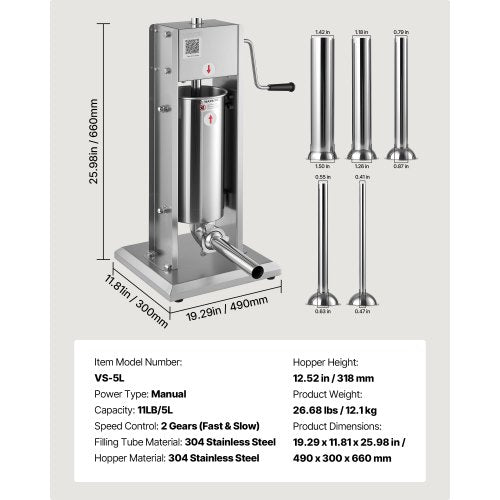 Manuell korvfyllare, 5 l vertikal köttfyllare, korvfyllningsmaskin med dubbla hastigheter, kraftig fyllare i rostfritt stål med 5 fyllningsrör, för kommersiellt och hemmabruk | EU