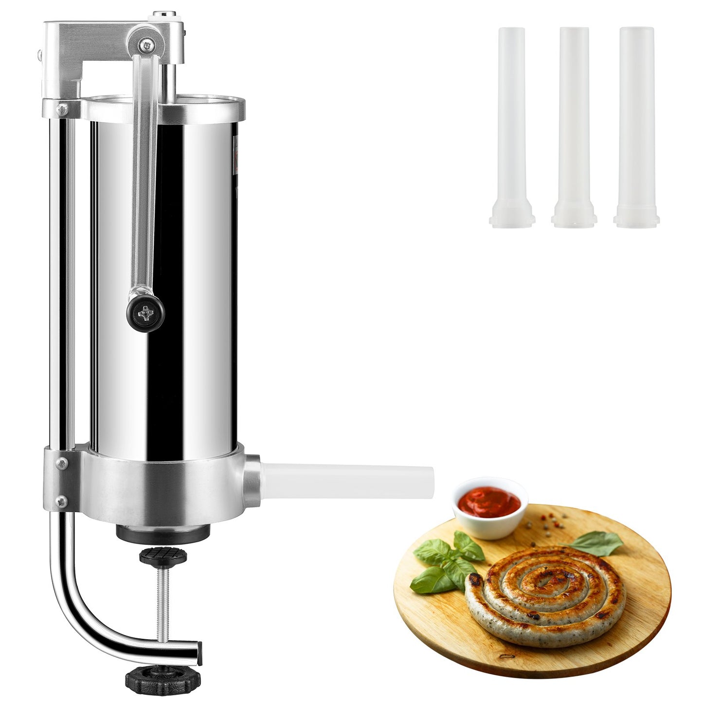 Sausage Stuffer, 5LBS/3L Capacity, 304 Stainless Steel Vertical Sausage Stuffer, Sausage Filling Machine with 3 Filling Tubes, Suction Base and Manual Crank for Home or Commercial Use