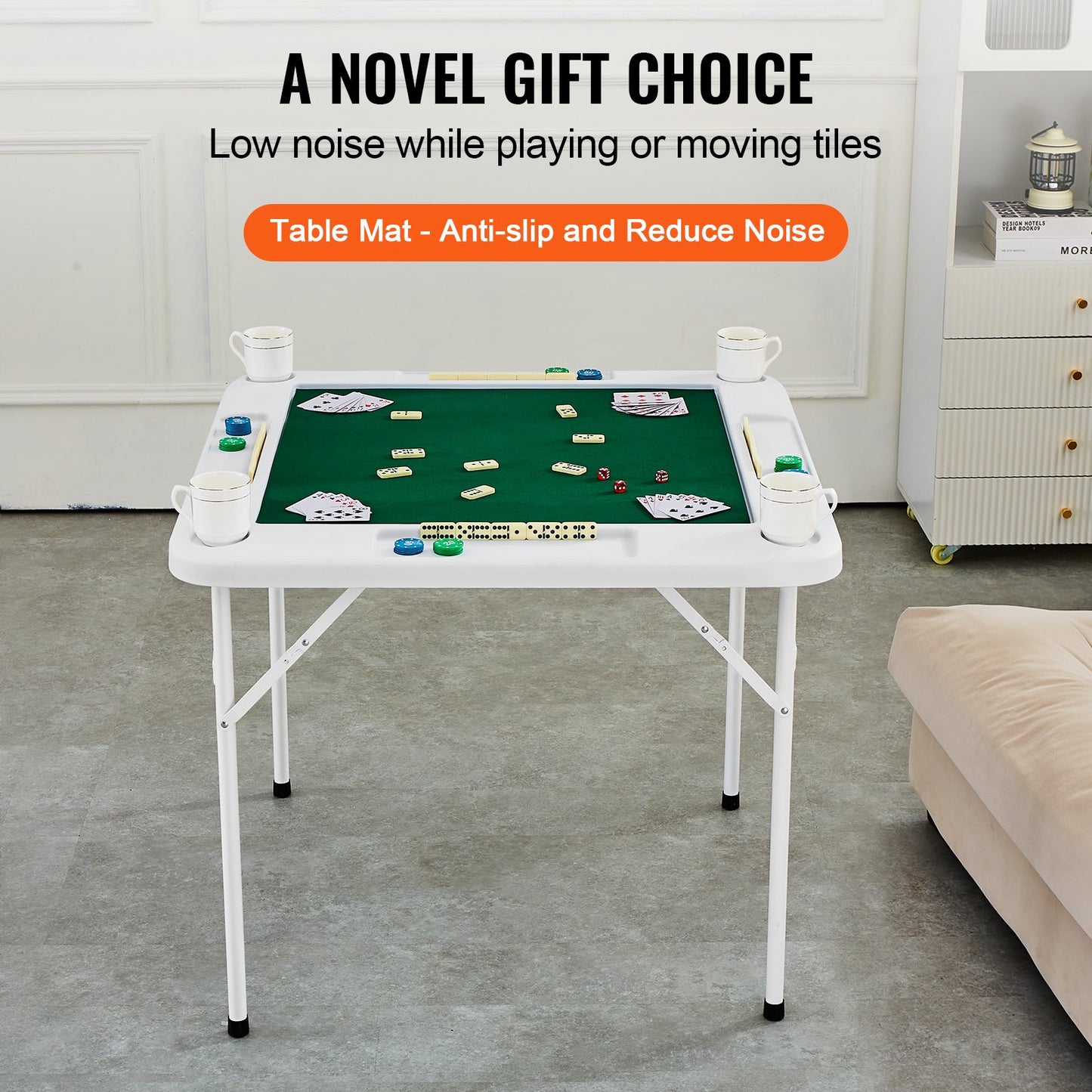 Mahjong bord 4-spelare hopfällbart kortbord & bordsmatta Mugghållare Chipbricka