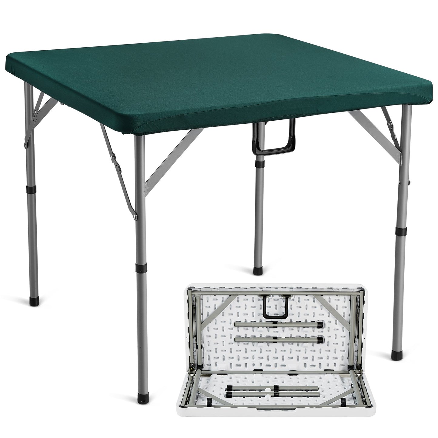 Mahjong-bord, hopfällbart 4-spelares kortbord med slitstark grön bordsskiva, bärbart dubbelfällbart fyrkantigt dominobord med bärhandtag för utomhuscamping picknickfest, 34 x 34 tum