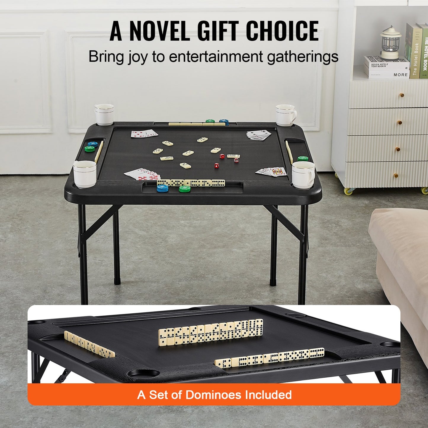 Mahjong Table, Square Folding Card Table for 4 Players with 4 Cup Holders and 4 Chip Trays, Portable Domino Game Table with 1 Set of Dominoes for Mahjong Poke Puzzle, 35.4 x 35.4 inches, Black