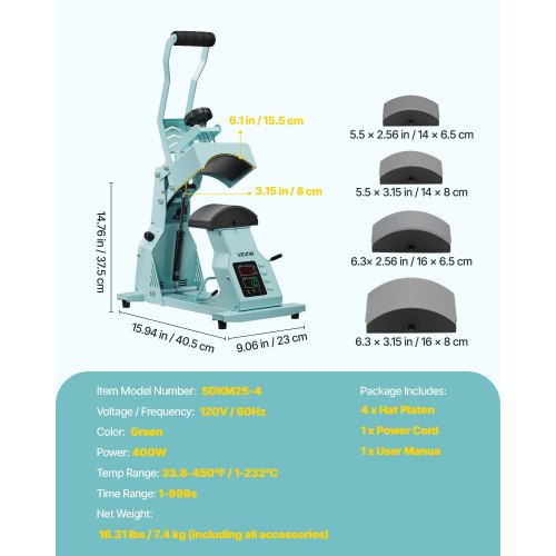 Hat heat press machine for caps Hat press with 4 plates for HTV Green | EU