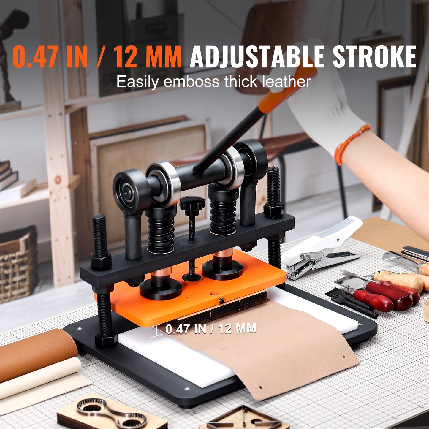 Leather Cutting Machine, 11 x 5.5 Inch Embossing Plate Manual Puncher, 0.47 Inch Pressure Impact Leather Embossing Machine, Double Guide Shaft Punching Machine for Various Materials